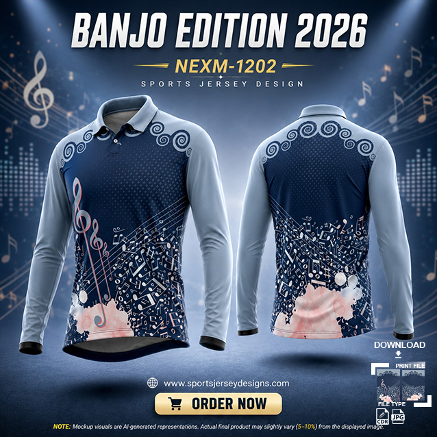 NEXM-1202 BLUE AND GREY PATTERN MUSICAL BANJO GROUP SUBLIMATION JERSEY DESIGN IN ORANGE AND BLACK COLOR